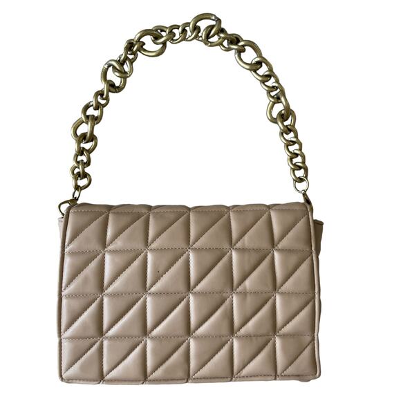 ZARA Women's Beige Quilted Shoulder Bag w/ Chunky Gold Chain - Picture 1 of 14